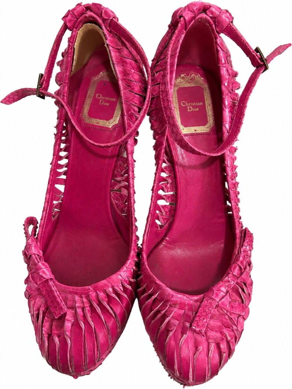 Christian Dior Pink Leather Platform Ankle Strap Bow Buckle Stiletto Heels